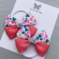 Elastic Bow Piggy Pair - Coral Pink Hearts