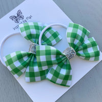 Elastic Bow Piggy Pair - Green & White Gingham