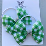 Elastic Bow Piggy Pair - Green & White Gingham