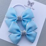 Elastic Bow Piggy Pair - Light Blue Silver