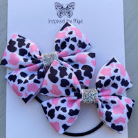 Elastic Bow Piggy Pair - Pink Cow Print