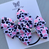 Elastic Bow Piggy Pair - Pink Cow Print