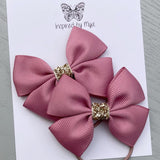 Elastic Bow Piggy Pair - Dusty Rose Pink