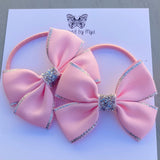 Elastic Bow Piggy Pair - Light Pink & Silver