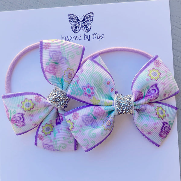 Elastic Bow Piggy Pair - Purple Butterflies