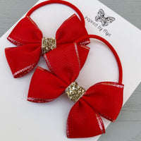 Elastic Bow Piggy Pair - Red & Gold