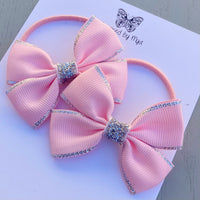 Elastic Bow Piggy Pair - Light Pink & Silver