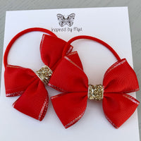 Elastic Bow Piggy Pair - Red & Gold