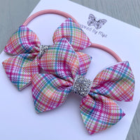 Elastic Bow Piggy Pair - Rainbow Tartan