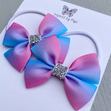 Elastic Bow Piggy Pair - Pink & Blue Ombré