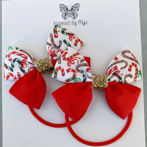 Elastic Bow Piggy Pair - Christmas Candy Canes