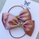 Elastic Bow Piggy Pair - Dusty Pink & Gold Glitter