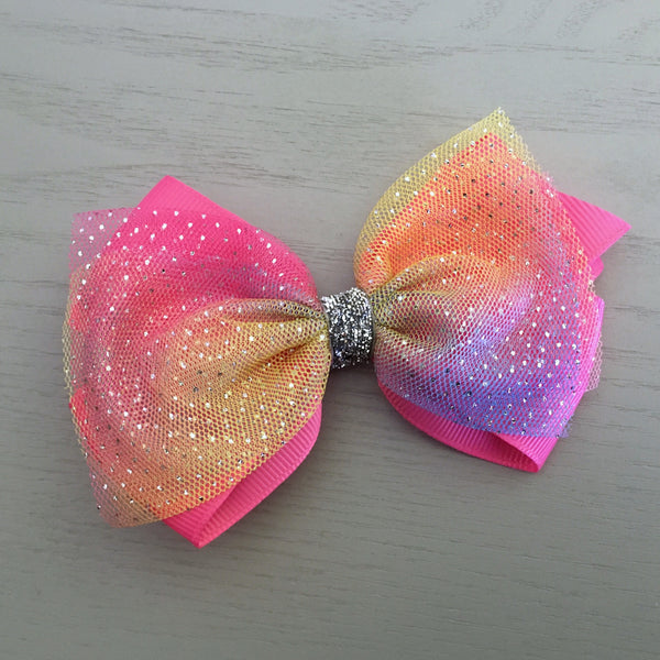 Boutique Ribbon & Tulle Bow Clip - Hot Pink