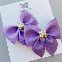 Small Everly Bow Piggy Pair Clips - Purple & Gold