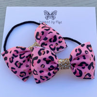 Elastic Bow Piggy Pair - Pink Leopard