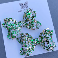 Small Mariah Piggy Clip Pair - Green Gold White Mix Glitter