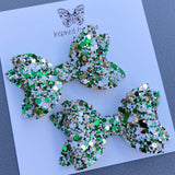 Small Mariah Piggy Clip Pair - Green Gold White Mix Glitter