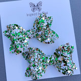 Small Mariah Piggy Clip Pair - Green Gold White Mix Glitter