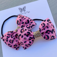 Elastic Bow Piggy Pair - Pink Leopard