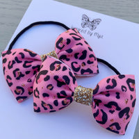 Elastic Bow Piggy Pair - Pink Leopard